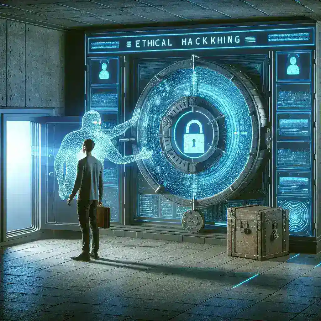 "Ethical hacker analyzing code on a laptop to enhance cybersecurity measures for financial systems, illustrating the importance of ethical hacking in protecting sensitive data."