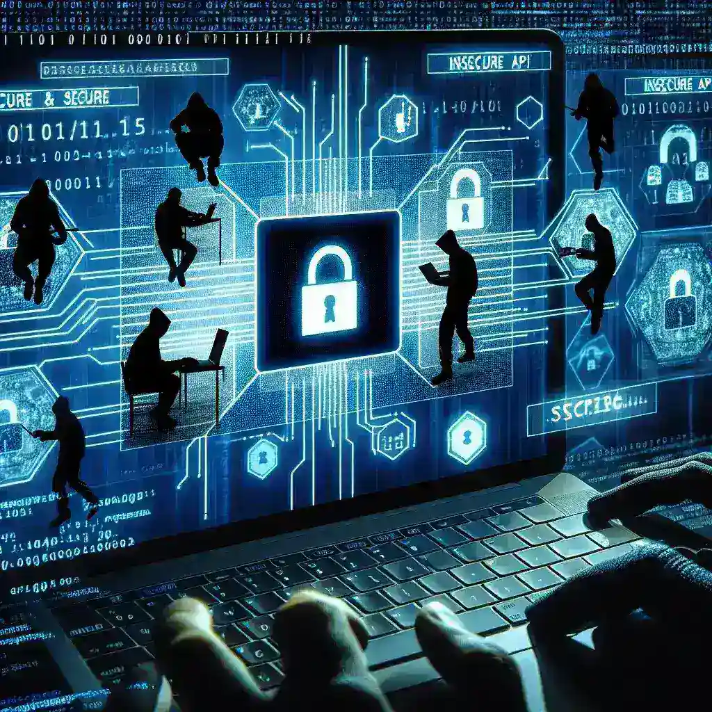 "Illustration depicting a hacker exploiting an insecure API, highlighting security vulnerabilities and the importance of API protection in cybersecurity."